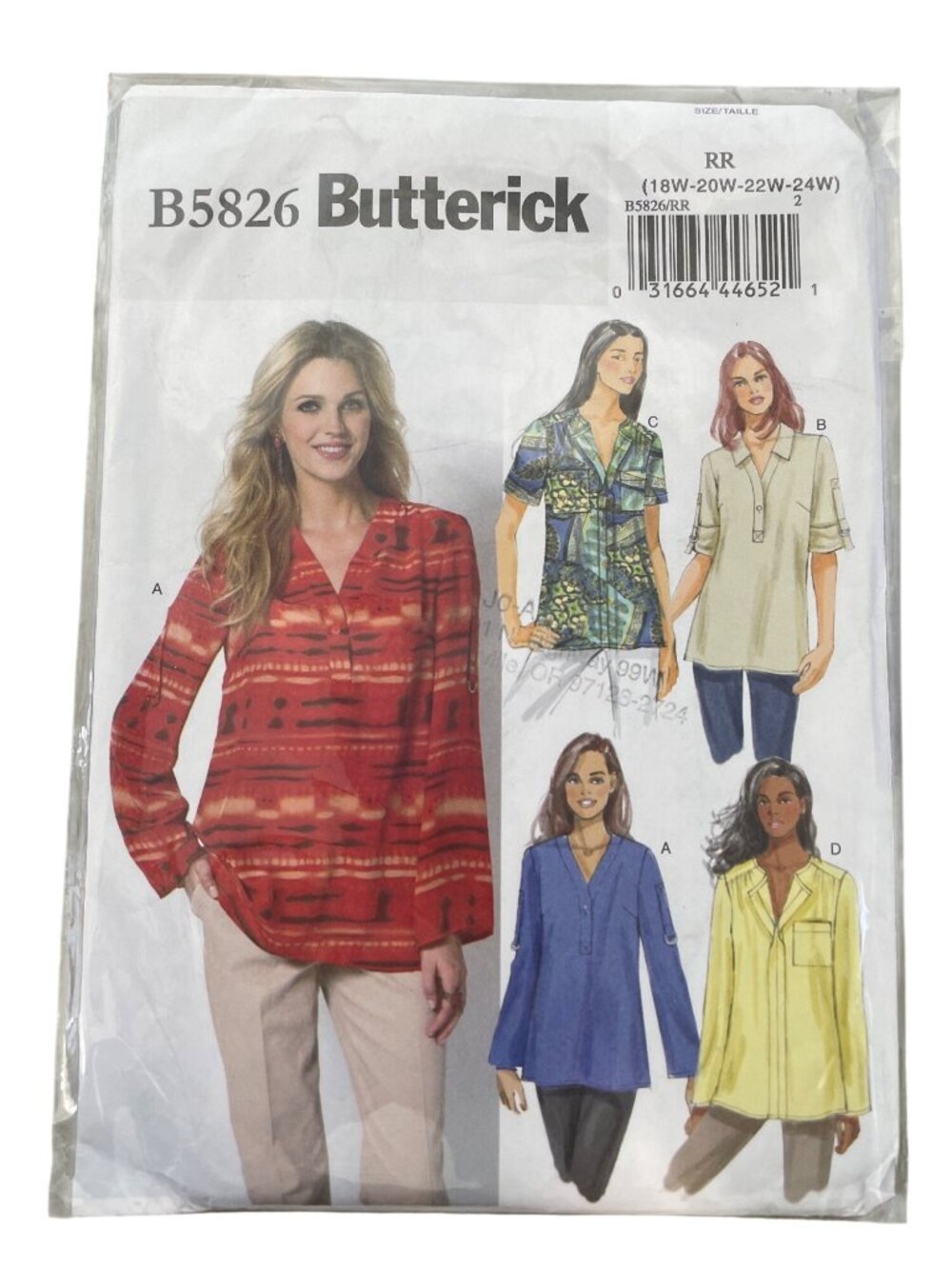 Butterick B5826 Sewing Pattern Sizes 18W-24W Women’s Top Pullover Retro CUT